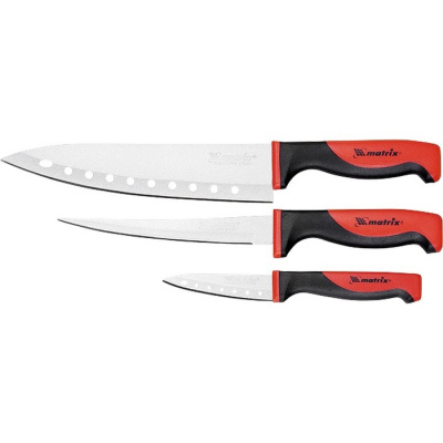 Нож, 79148, Silver teflon, 3 шт., MATRIX Kitchen Германия
В набор входят большой, филейный и малый поварские ножи.
Все ножи имеют улучшенное тефлоновое покрытие полотна.
Большой и малый поварские ножи также оснащены технологическими отверстиями по длине л